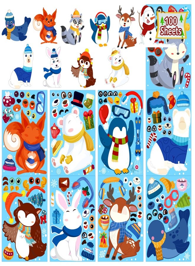 LINAYE 100 Sheets Winter Stickers for Kids Toddlers, Make A Face Winter Animals Crafts Stickers Party Favors Game Activities for Kids Classroom, 9 Designs, Christmas Goodie Treat Bag Stocking Stuffers - Image 1